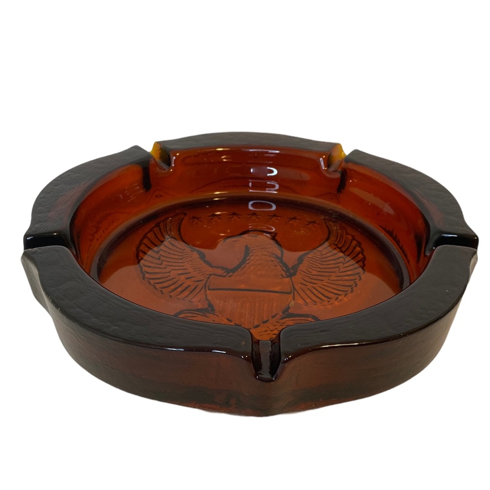 VTG Heavy Amber Glass Federal Eagle Ashtray Embossed 10" Collectible Mid-Century